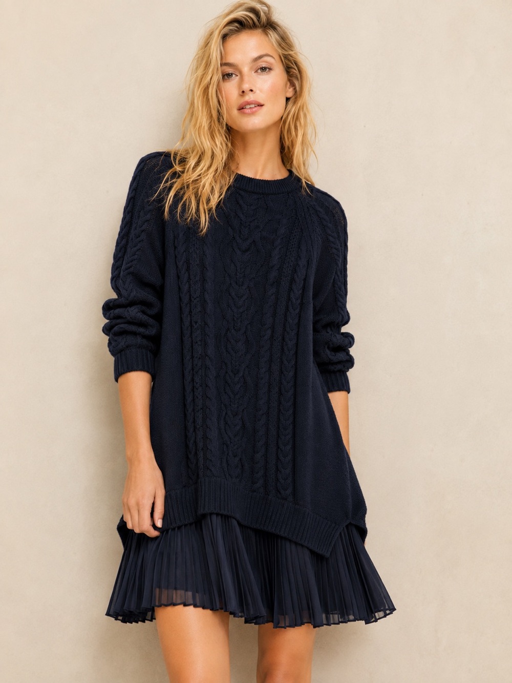 Anthropologie Navy Cable-Knit Crewneck Sweater Dress